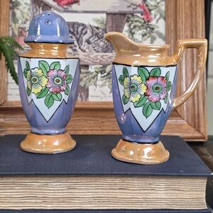 Vintage Lusterware Salt Shaker & Creamer Set - Art Deco Floral Japan